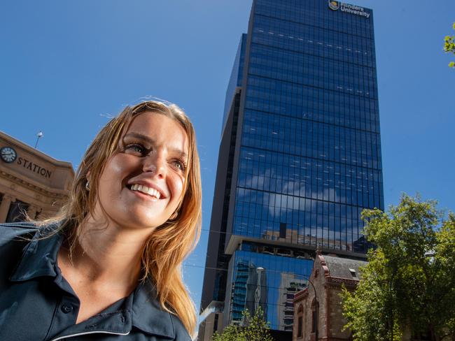 New Flinders Tower Preview - Matilda Lindquist , 3rd year Bachelor of Laws (legal practice entry) combined with Bachelor of International Relations and Political Science checks out the new building. 7th February 2024 - Picture: Brett Hartwig