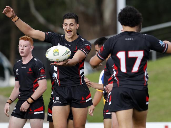 Endevour players celebrating at full time during the NRL Schoolboy Cup match between Patrician Brothers Blacktown and Endevour Sports High School at BlueBet Stadium. Picture: Jonathan Ng