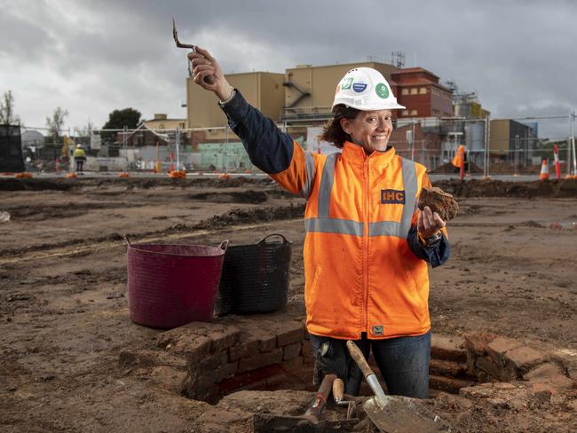 Guadalupe Cincunegui at the site of the archaeological dig at Colonel Light's house, which was buried under West End Brewery. Picture: Naomi Jellicoe