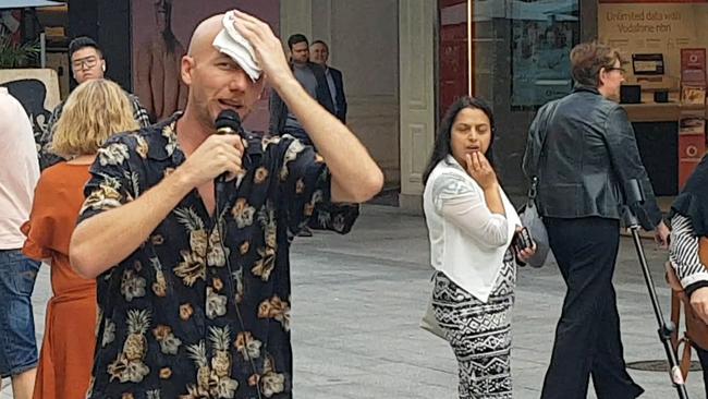 Busker Matt Eberhart after he was attacked on Rundle Mall while dressed as a banana. Picture: Shaun Hollis