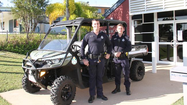 L to R : Constables Brendan Rodham and Karl Bruhn in Tannum Sands police station's new Can Am four-wheel drive ATV which is ready to hit the beaches and patrol the area.