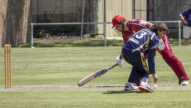 DDCA: North Dandenong batter Imran Lagnmani scrambles back before Narre South bowler Ethan Kolaritsch can run him out. Picture: Valeriu Campan