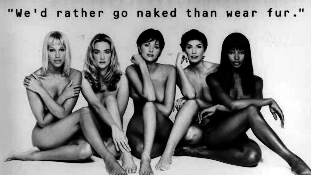 Peta billboard advertising campaign featuring model Naomi Campbell (R) which has come under fire from Green Party 09 Nov 1995 for using images of naked supermodels on anti fur coat poster. (B/W Only) Advertising /Animal/Rights modelling nudity