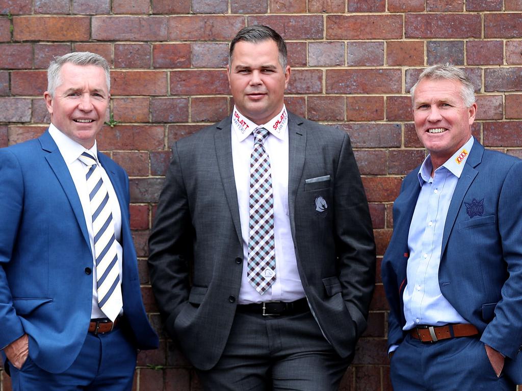 North Queensland Cowboys coach Paul Green, Brisbane Broncos coach Anthony Siebold and Gold Coast Titans coach Garth Brennan at the 2019 NRL Season Launch. Pics Tara Croser.