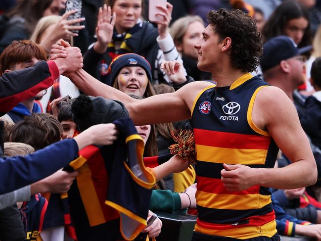 Adelaide, AUSTRALIA - AUGUST 5: James Borlase of the Crows after their win during the 2023 AFL Round 21 match between the Adelaide Crows and the Gold Coast SUNS at Adelaide Oval on August 5, 2023 in Adelaide, Australia. (Photo by James Elsby/AFL Photos via Getty Images)