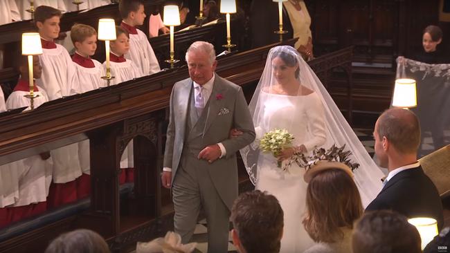 King Charles stepped in to walk Meghan Markle down the aisle. Picture: BBC