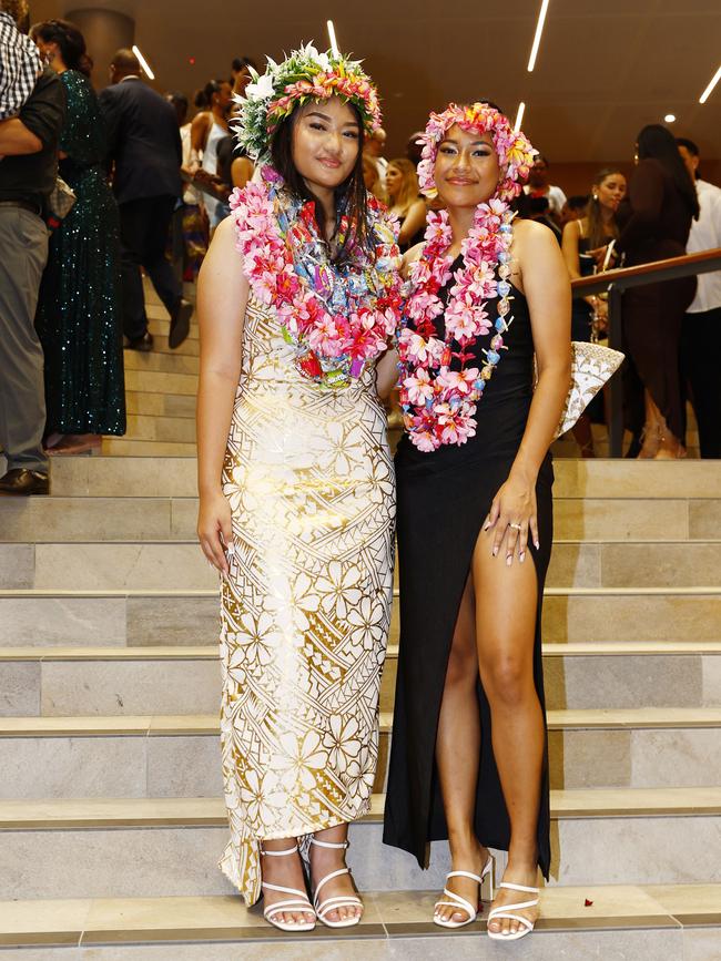 Lydia John and Leiresa Natera at the Trinity Bay High School formal evening, held at the Cairns Convention Centre. Picture: Brendan Radke
