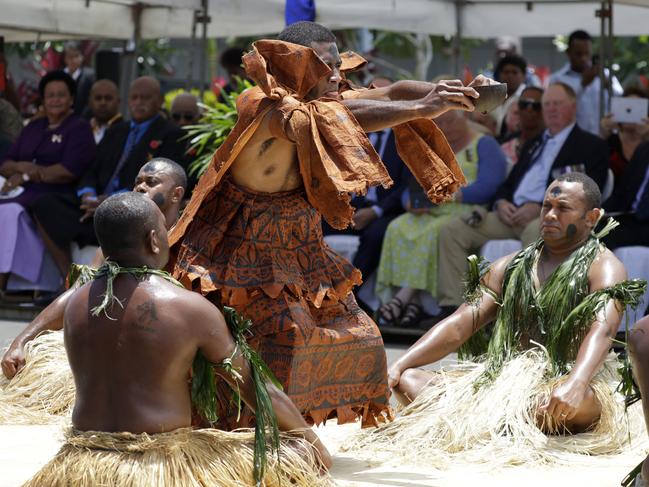 Prince Harry and Meghan Markle were greeted with traditional welcome and leaving ceremonies. Picture: AP