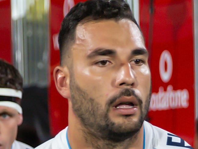 Captain Ryan James of the Titans leads his team out for  the Round 4 NRL match between the New Zealand Warriors and Gold Coast Titans at Mt Smart Stadium in Auckland, New Zealand, Friday, April 5, 2019. (AAP Image/David Rowland) NO ARCHIVING, EDITORIAL USE ONLY