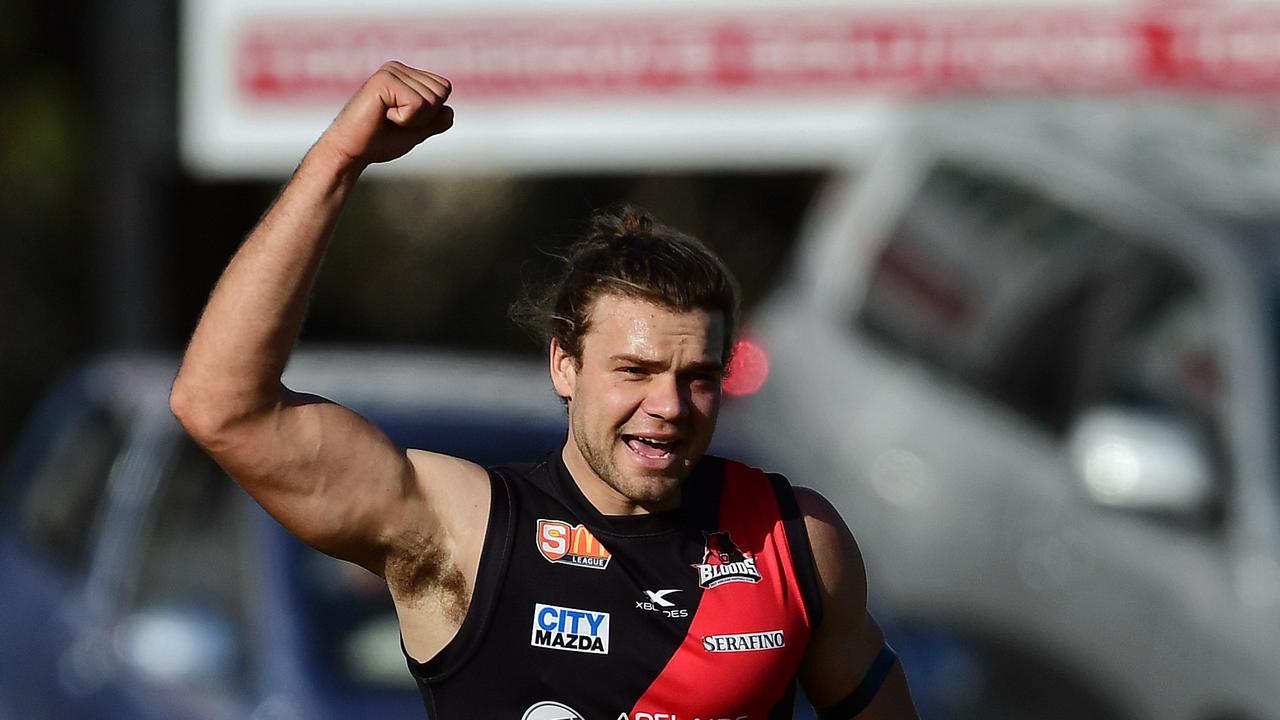 07/07/18 - SANFL: South Adelaide v West Adelaide at Noarlunga Oval.  West's Mason Middleton celebrates kicking a goal. Picture: Tom Huntley