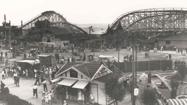 Luna Park in Glenelg 1930, featuring Big Dipper, before the rides moved to Sydney. Picture: Supplied 