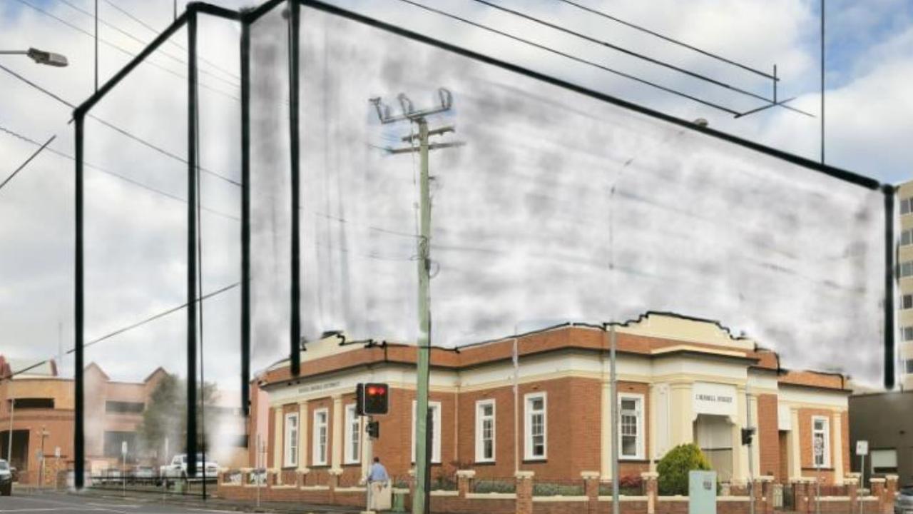 An architect's drawing of what a planned 11-storey residential and parking tower in the Toowoomba CBD will look like compared with heritage-listed property 2 Russell St.