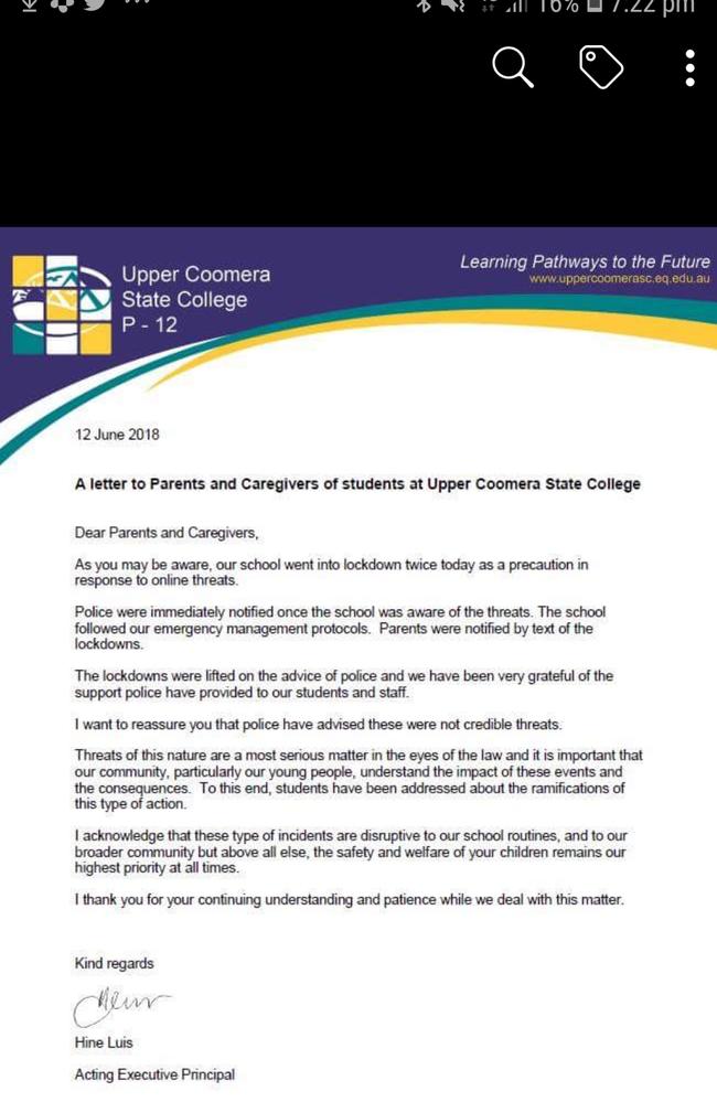 Screenshots of the Upper Coomera State College lockdowns on social media. Picture: supplied