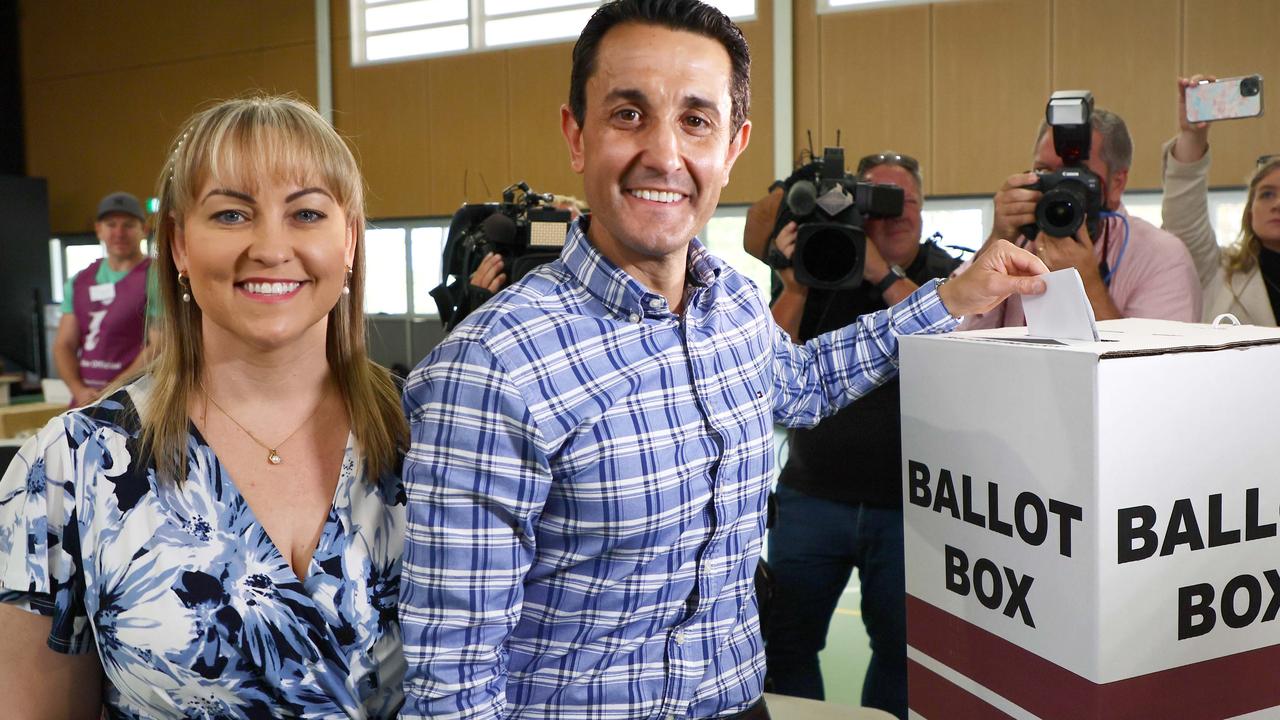 LNP leader David Crisafulli and his wife Tegan voted in Springwood. Picture: NewsWire/Tertius Pickard