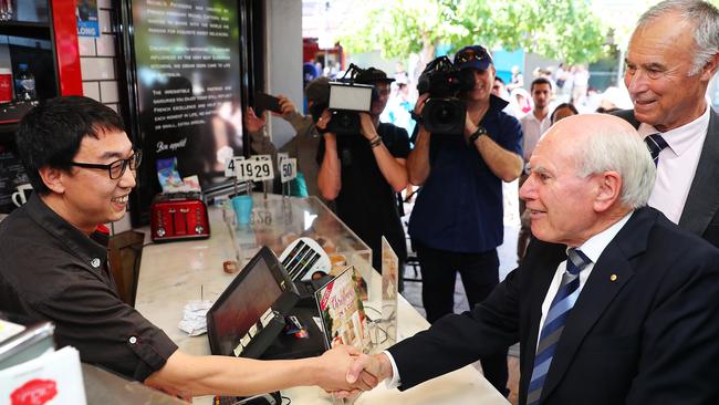 Former PM and member for Bennelong John Howard campaigns with Liberal candidate John Alexander in Eastwood in the seat of Bennelong. Picture: John Fede