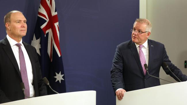 COVID Commissioner Nev Power and Prime Minister Scott Morrison in July 2020. Picture: Damian Shaw