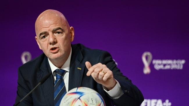 FIFA President Gianni Infantino speaks during a press conference at the Qatar National Convention Center (QNCC) in Doha on November 19, 2022, ahead of the Qatar 2022 World Cup football tournament. - Infantino hit back at Western critics of Qatar's human rights record at his opening press conference of the World Cup on November 19, blasting their "hypocrisy". (Photo by FABRICE COFFRINI / AFP)