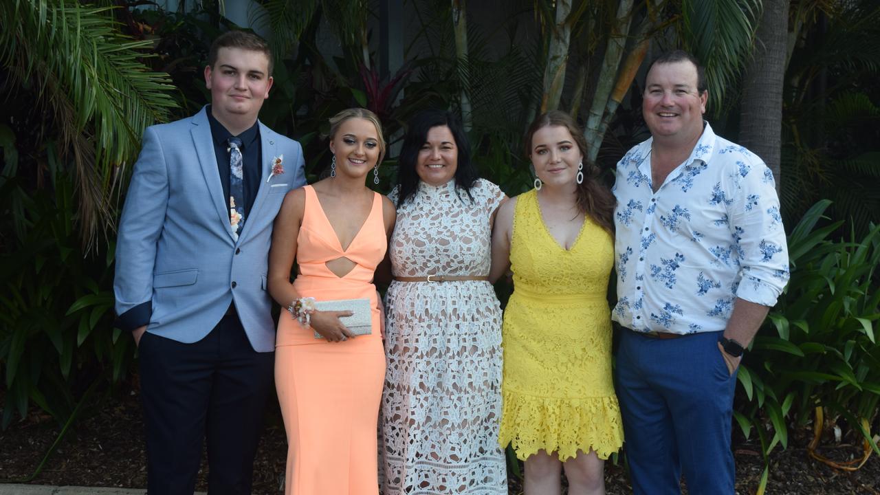 Tyler Warren and Ellie Rollison with Linda, Ashley and Andrew Warren at the Whitsunday Christian College school formal. Picture: Laura Thomas