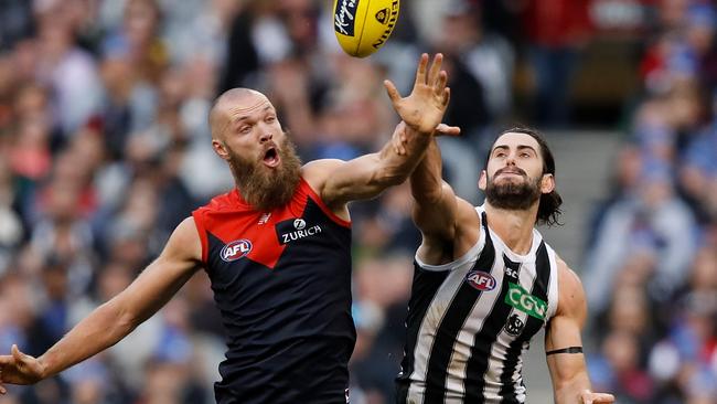 Melbourne’s Max Gawn and Collingwood’s Brodie Grundy do battle. Picture: Getty Images