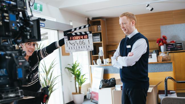 Luke McGregor on the set of Rosehaven.