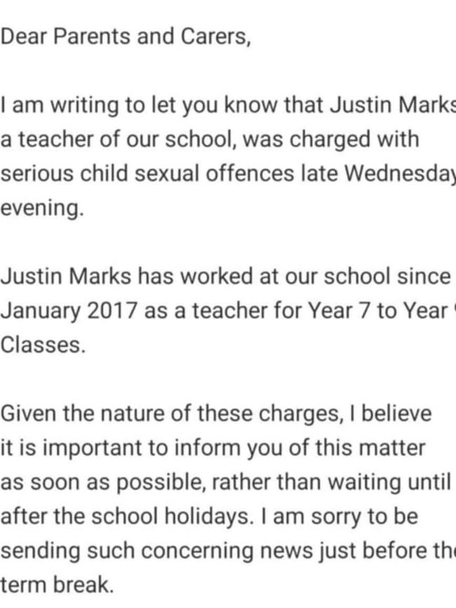 A letter was sent to parents about Mr Marks just before Christmas. Picture: Facebook