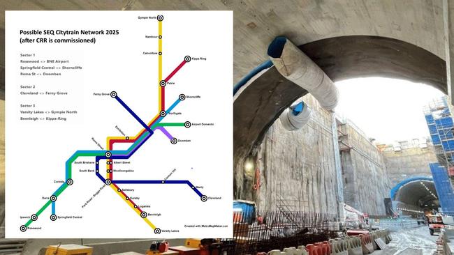 A map showing anticipated details of Brisbane’s new underground rail network. Commuter advocacy group Rail Back on Track published the Brisbane Citytrain Network Map for the new underground which will start operating in 2025 and will be tested in 2024. The map, drawn up using information from a top secret government “Concept of Operation” document, shows the Ipswich line will become the city’s main airport link.