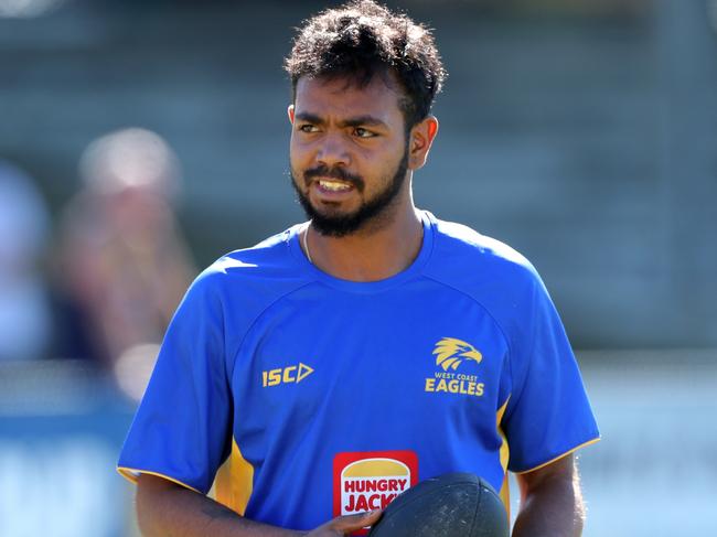 Willie Rioli is seen during a West Coast Eagles training session in Perth, Tuesday, August 20, 2019. The Eagles play the Hawthorn Hawks on Saturday. (AAP Image/Richard Wainwright) NO ARCHIVING