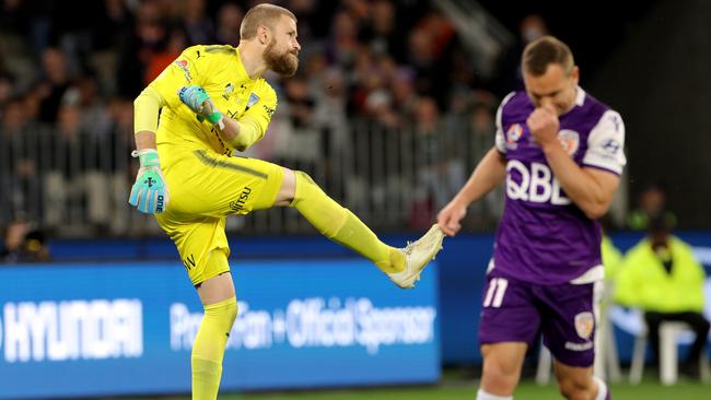 Sydney FC Andrew Redmayne celebrates after saving Brendon Santalab’s penalty. Picture: AAP