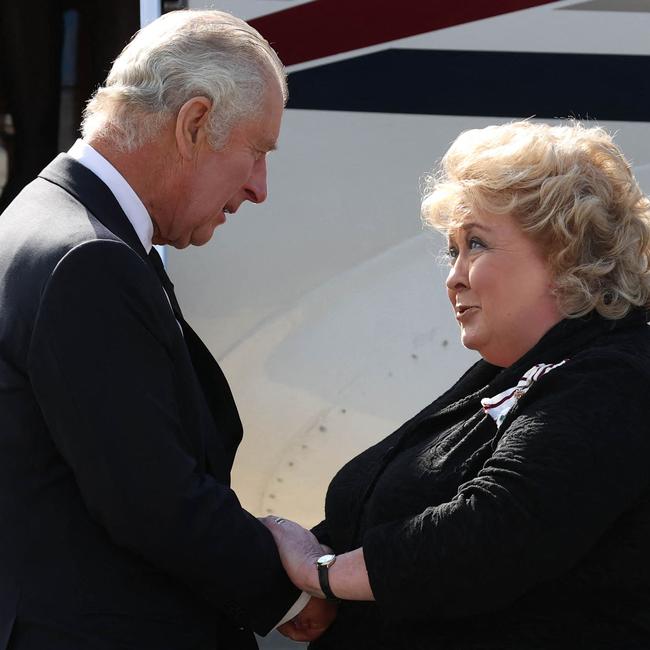 Lord Lieutenant of Belfast Fionnuala Jay-O'Boyle welcomes King Charles at Belfast City Airport on Tuesday night (AEST). Picture: AFP