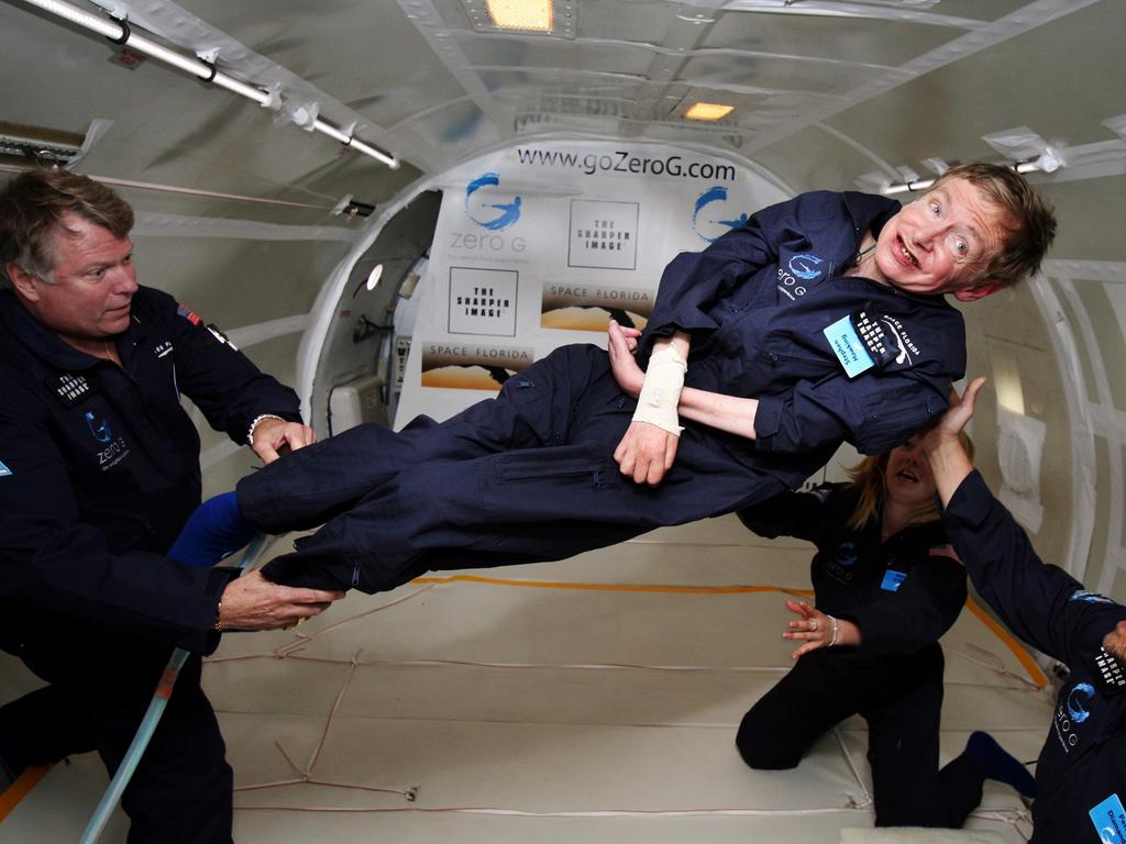 Astrophysicist Stephen Hawking floats on a zero-gravity jet, Thursday, April 26, 2007. The modified jet carrying Hawking, a handful of his physicians and nurses, and dozens of others first flew up to 24,000 feet over the Atlantic Ocean off Florida. Picture: Supplied