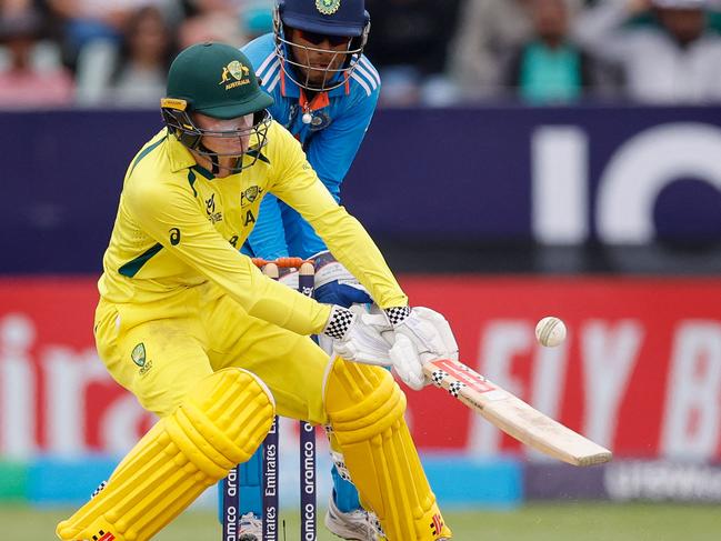 Australia's Oliver Peake plays a shot during the under-19 World Cup youth one-day international (YODI) final between India and Australia at Willowmoore Park in Benoni on February 11, 2024. (Photo by PHILL MAGAKOE / AFP)