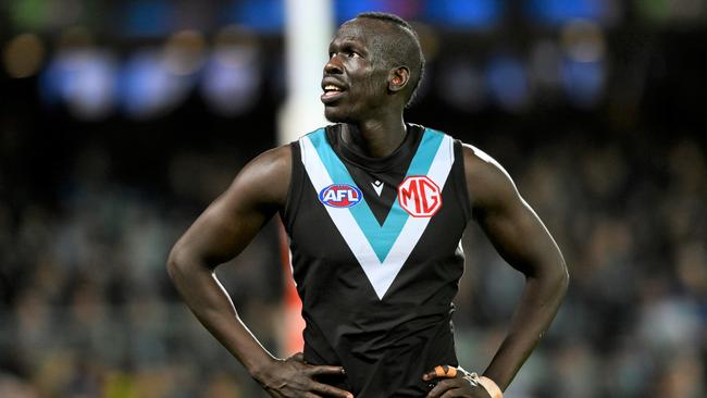 Aliir Aliir’s long kicking is a major worry for Port Adelaide. Picture: Mark Brake/Getty Images