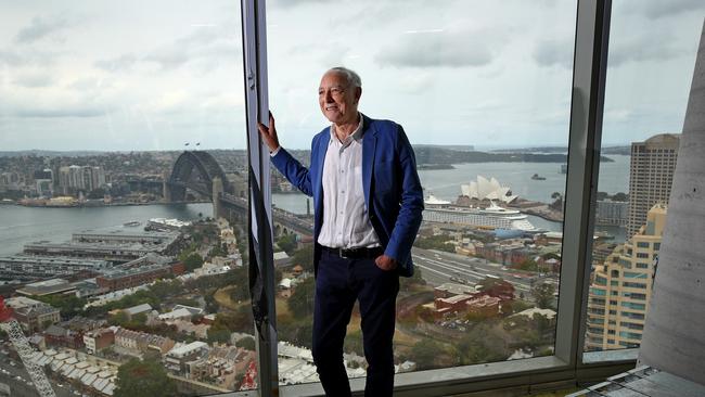 Crown Residences tour at One Barangaroo with architect Chris Wilkinson. Chris stands on level 35 with panoramic views of the Sydney Opera House and Harbour Bridge. Picture: Toby Zerna