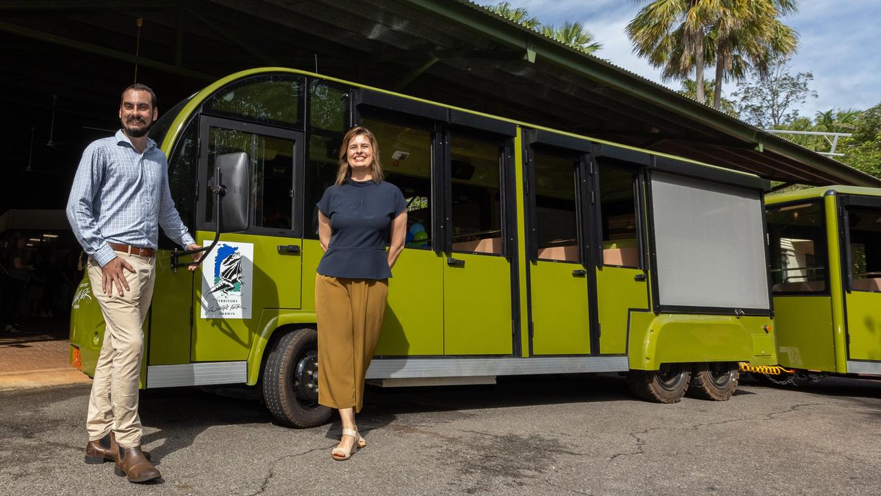 Country Liberal Party Andrew Mackay MLA and Suzana Bishop Chief Executive Tourism and Hospitality at the unveiling of two new electric trains at the Territory Wildlife Park, February 7, 2025. Picture: Pema Tamang Pakhrin