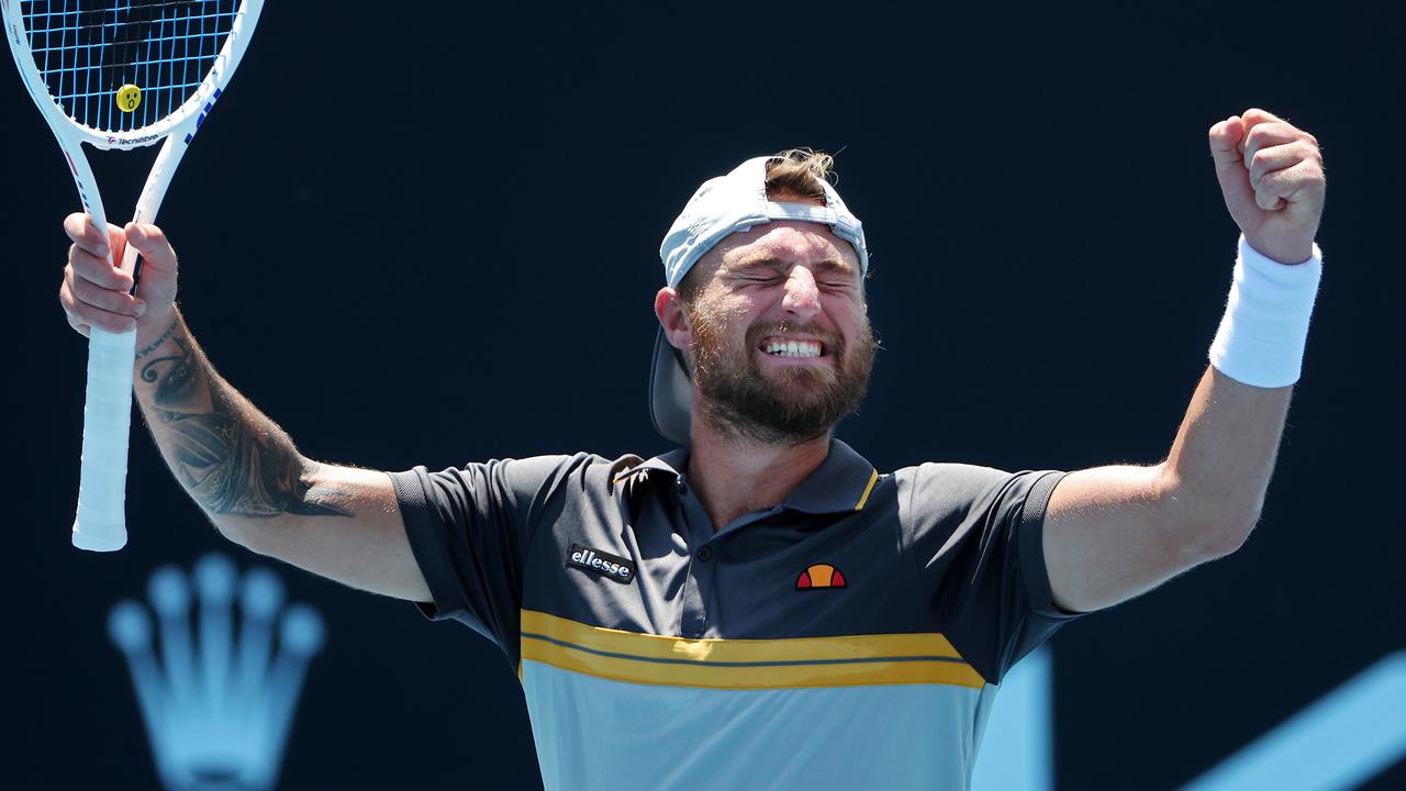 MELBOURNE, JANUARY 12, 2024: Omar Jasika wins his mens qualifying singles final round match against Abdullah Shelbayh ahead of the Australian Open. Picture: Mark Stewart