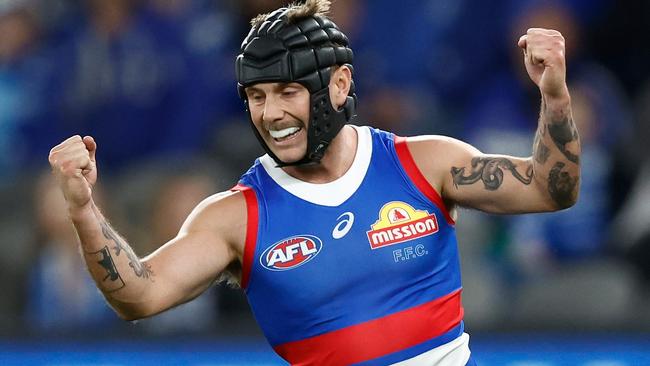 Caleb Daniel celebrates kicking a goal for the Western Bulldogs. Picture: Michael Willson/AFL Photos via Getty Images