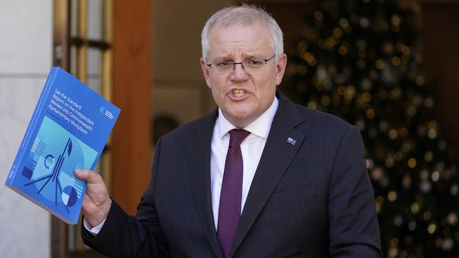 Prime Minister Scott Morrison holds a press conference after the Jenkins Review into sexual discrimination of parliament workplace was handed down. Picture: Adam Taylor