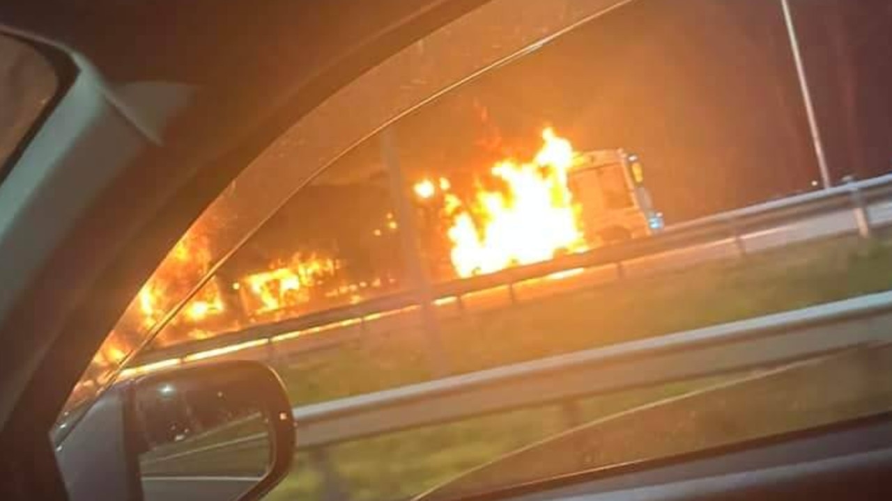 The burning truck on the Logan Motorway on Tuesday night (Facebook image)