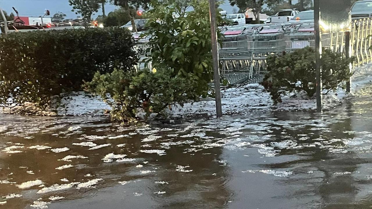 Hail pictured in the carpark of Bunnings at Morayfield, which copped the brunt of a massive storm. Picture: Facebook