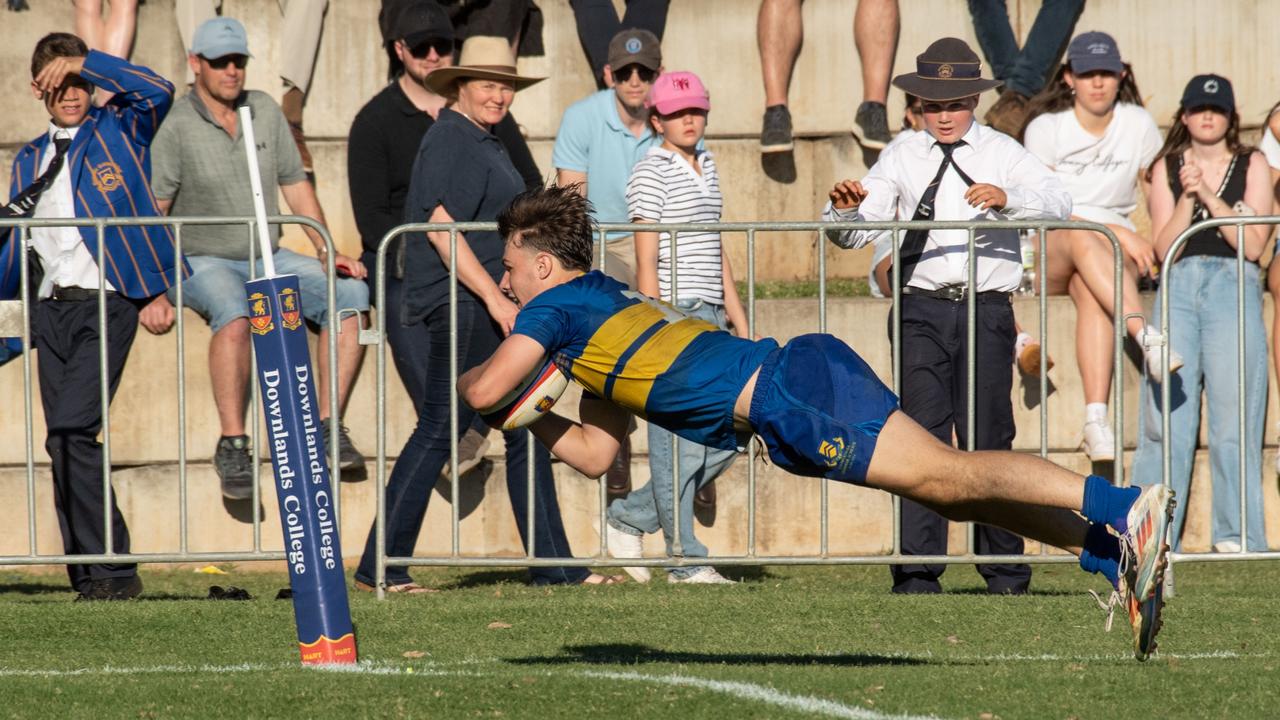 Trace Beattie scores a try for TGS. 2024 O'Callaghan Cup at Downlands College. Photo by Nev Madsen