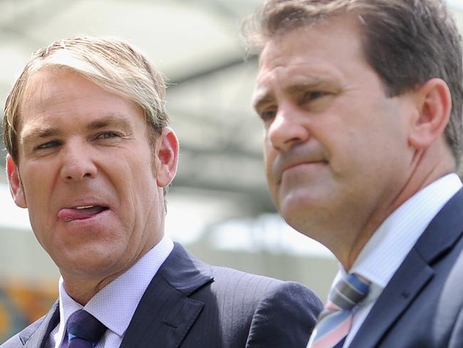 BRISBANE, AUSTRALIA - NOVEMBER 24:  Channel Nine commentators Mark Nicholas, Shane Warne and Mark Taylor during day four of the First Ashes Test match between Australia and England at The Gabba on November 24, 2013 in Brisbane, Australia.  (Photo by Gareth Copley/Getty Images)