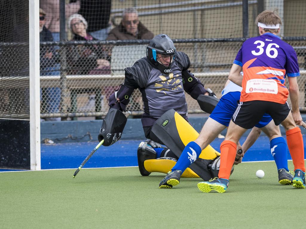 Toowoomba 2 keeper Alex Hilton against Fraser Coast in Hockey Queensland Championships at Clyde Park, Sunday, May 2, 2021. Picture: Kevin Farmer