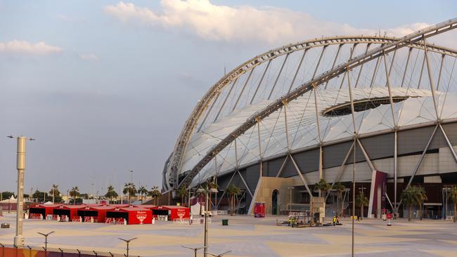 Budweiser stands are seen outside a stadium.