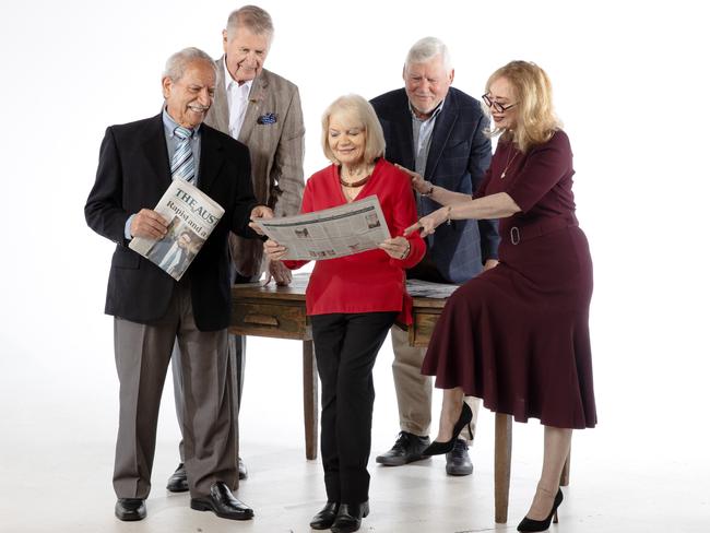 Original staff members of The Australian Yvette Grady for the 60th Anniversary magazine (L-R) George Calvi, John Cowley, Sandra Hall, Warren Beeby and Yvette GradyJane Dempster/The Australian.