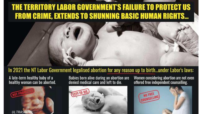 Anti-abortion advocates Pro-Life Victoria have circulated NT election flyers and advertisements claiming that under Labor ‘even more babies would die’.