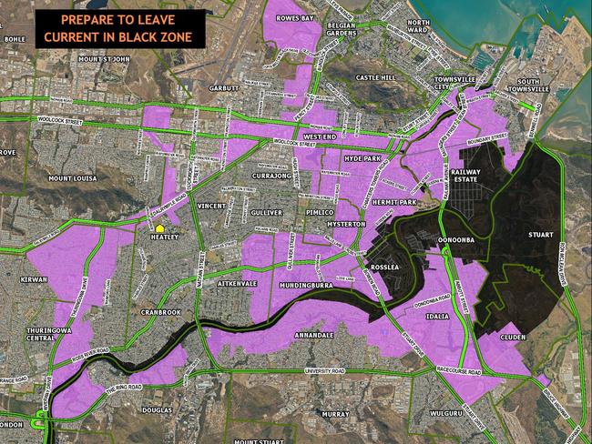 Townsville Disaster management Facebook post - Residents at Cluden, Hermit Park, Idalia, Oonoonba, Railway Estate and Rosslea must prepare to leave⚠𝗧𝗵𝗲 𝗧𝗼𝘄𝗻𝘀𝘃𝗶𝗹𝗹𝗲 𝗟𝗼𝗰𝗮𝗹 𝗗𝗶𝘀𝗮𝘀𝘁𝗲𝗿 𝗠𝗮𝗻𝗮𝗴𝗲𝗺𝗲𝗻𝘁 𝗚𝗿𝗼𝘂𝗽 𝗶𝘀 𝗮𝗱𝘃𝗶𝘀𝗶𝗻𝗴 𝘁𝗵𝗮𝘁 𝗿𝗲𝘀𝗶𝗱𝗲𝗻𝘁𝘀 𝗶𝗻 𝘁𝗵𝗲 𝗯𝗹𝗮𝗰𝗸 𝗳𝗹𝗼𝗼𝗱 𝘇𝗼𝗻𝗲 𝗖𝗹𝘂𝗱𝗲𝗻, 𝗛𝗲𝗿𝗺𝗶𝘁 𝗣𝗮𝗿𝗸, 𝗜𝗱𝗮𝗹𝗶𝗮, 𝗢𝗼𝗻𝗼𝗼𝗻𝗯𝗮, 𝗥𝗮𝗶𝗹𝘄𝗮𝘆 𝗘𝘀𝘁𝗮𝘁𝗲 𝗮𝗻𝗱 𝗥𝗼𝘀𝘀𝗹𝗲𝗮 𝗺𝘂𝘀𝘁 𝗽𝗿𝗲𝗽𝗮𝗿𝗲 𝘁𝗼 𝗹𝗲𝗮𝘃𝗲. (𝗩𝗶𝗲𝘄 𝗺𝗮𝗽 𝗼𝗳 𝗳𝗹𝗼𝗼𝗱 𝘇𝗼𝗻𝗲𝘀).𝗛𝗲𝗮𝘃𝘆 𝗶𝗻𝘁𝗲𝗻𝘀𝗲 𝗿𝗮𝗶𝗻𝗳𝗮𝗹𝗹 𝗺𝗮𝘆 𝗹𝗲𝗮𝗱 𝘁𝗼 𝗱𝗮𝗻𝗴𝗲𝗿𝗼𝘂𝘀 𝗮𝗻𝗱 𝗹𝗶𝗳𝗲-𝘁𝗵𝗿𝗲𝗮𝘁𝗲𝗻𝗶𝗻𝗴 𝗳𝗹𝗮𝘀𝗵 𝗳𝗹𝗼𝗼𝗱𝗶𝗻𝗴 𝘄𝗶𝘁𝗵𝗶𝗻 𝘁𝗵𝗲 𝗻𝗲𝘅𝘁 𝟮𝟰 𝗵𝗼𝘂𝗿𝘀, 𝗮𝗿𝗲𝗮𝘀 𝗶𝗻 𝘁𝗵𝗲 𝗯𝗹𝗮𝗰𝗸 𝘇𝗼𝗻𝗲 𝗮𝗿𝗲 𝗲𝘅𝗽𝗲𝗰𝘁𝗲𝗱 𝘁𝗼 𝗿𝗲𝗰𝗲𝗶𝘃𝗲 𝗳𝗹𝗼𝗼𝗱𝗶𝗻𝗴.