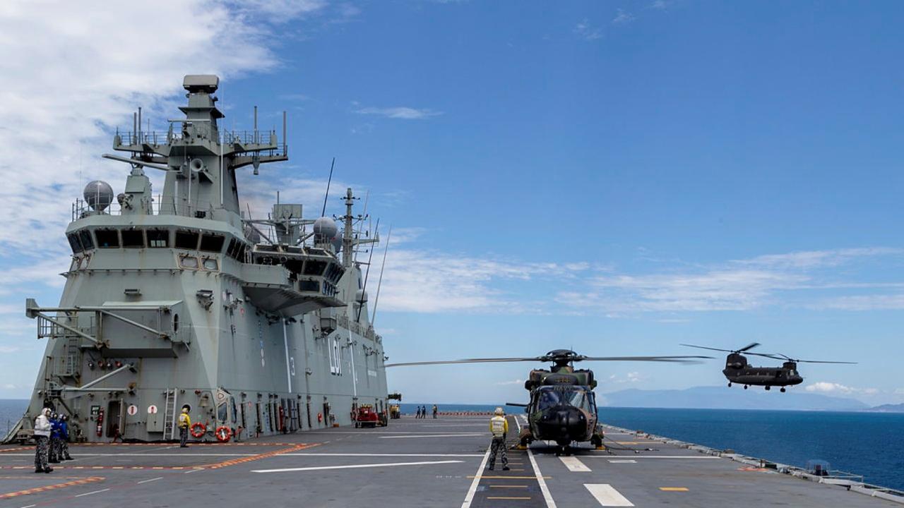 Republic of Singapore Air Force CH-47 Chinook Helicopter landing onboard HMAS Adelaide during Exercise Sea Wader 2020 off the coast of Townsville, Queensland. Picture: Defence Dept