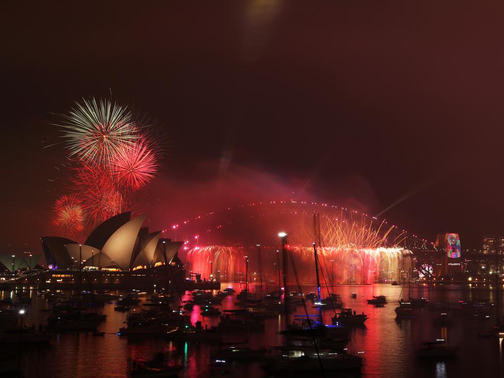 New Year's Eve 9pm fireworks over Sydney Harbour as seen from Mrs Macquarie's Chair. Picture: Jonathan Ng