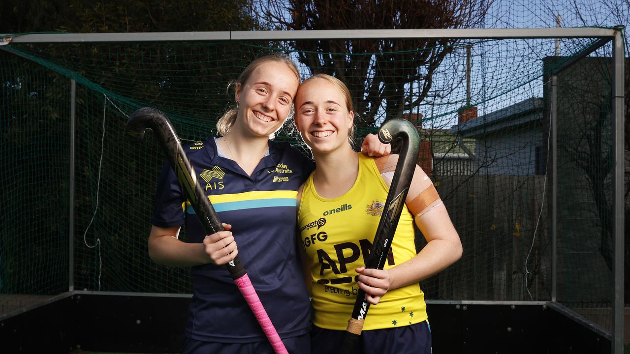 Maddi Brooks on right with twin sister Taylor who is in the under 21 Australian hockey team. Maddi Brooks at home in Hobart. Tasmanian Maddi Brooks 19 has been named in the Paris 2024 Olympic women's hockey team. Picture: Nikki Davis-Jones