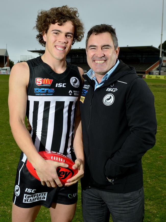 SMOSH West Lakes’ Darcy Ginever with his dad Tim Ginever during his as a SANFL player with Port Adelaide in 2017. Picture: Mark Brake